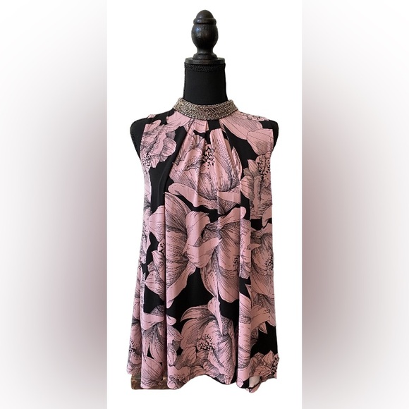 Alfani Tops - Alfani: Pink and Black Halter Top Blouse with Beaded Choker Collar